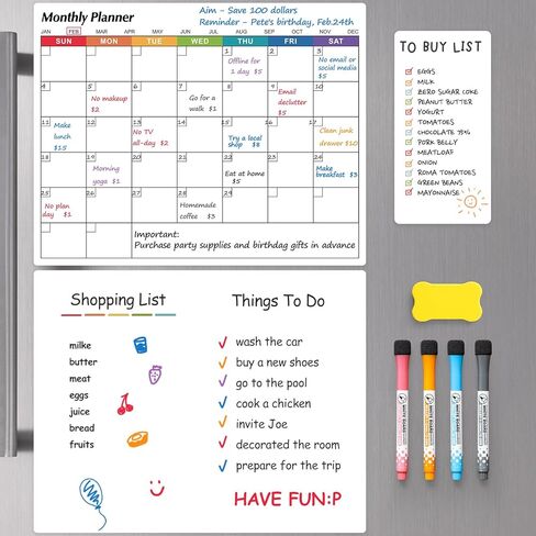 3 عبوات من السبورة البيضاء المغناطيسية للمسح الجاف للثلاجة - مخطط شهري وأسبوعي وسبورة بيضاء صغيرة فارغة - لوحات جدول تخطيط الأسرة المغناطيسية للثلاجة والباب - مع 4 علامات وممحاة واحدة in Kuwait