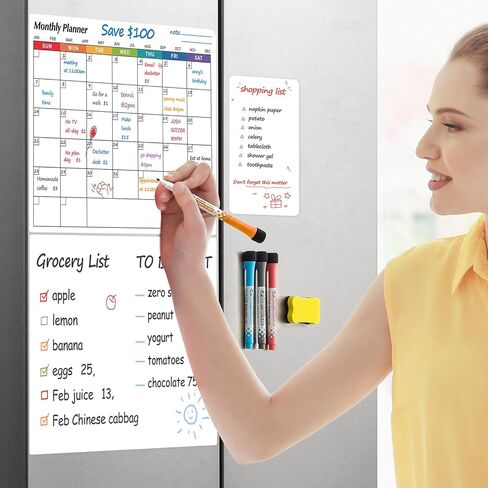 3 عبوات من السبورة البيضاء المغناطيسية للمسح الجاف للثلاجة - مخطط شهري وأسبوعي وسبورة بيضاء صغيرة فارغة - لوحات جدول تخطيط الأسرة المغناطيسية للثلاجة والباب - مع 4 علامات وممحاة واحدة in Kuwait