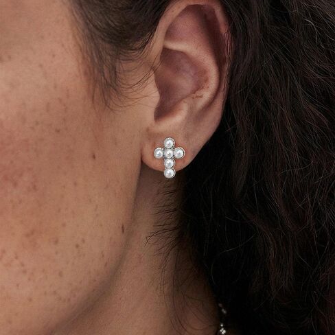 PANSTAR Gold Plated Cross Earrings for Women, 18K Gold Vermeil Hoop Earrings, Dainty Pearl Jewelry Gift Idea, Charm Pendant Earrings for Girl and Ladies in Kuwait