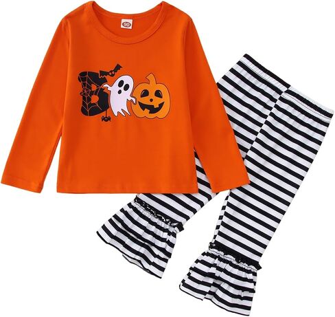Toddler baby Girl Halloween Outfit Cute Boo Ghost Pumpkin Long Sleeve Shirt Stripe Bell Bottom Pants Fall Clothes Set in Saudi Arabia