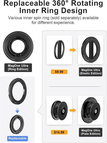 EWA MagOne Ultra (Ring Edition) Phone Grip Stand with Replaceable Metal Finger Ring, Removable Magnetic Ring Holder Kickstand Loop, Double-Sided Magnetic Accessories for Phone-Black in Saudi Arabia