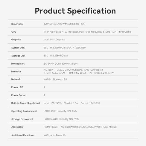 كمبيوتر صغير، Intel 12th N100 (يصل إلى 3.4 جيجا هرتز)، 16 جيجا+500 جيجا، يدعم Dual1000M LAN، كمبيوتر مكتبي صغير 4K Dual HDMI، Wifi5/BT5.0/USB3.2، مزود طاقة مدمج 45 وات، كمبيوتر مكتبي صغير in Saudi Arabia