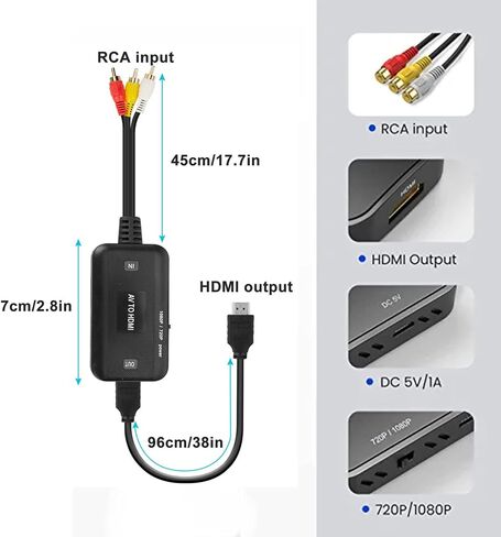 محول RCA إلى HDMI، محول AV إلى HDMI، محول فيديو صوتي مركب RCA إلى HDMI لأجهزة PS1، PS2، PS3، STB، Xbox، VHS، VCR، ومشغلات DVD ذات الأشعة السوداء (يتضمن كابل HDMI) in Saudi Arabia