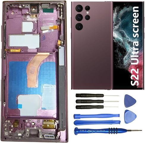 Screen Replacement for Samsung Galaxy S22 Ultra 5G S908E S908E/DS S908U S908W S908B/DS 6.8 Inch with Frame and Back Cover Display Touch Digitizer Assembly (Burgundy) in Saudi Arabia