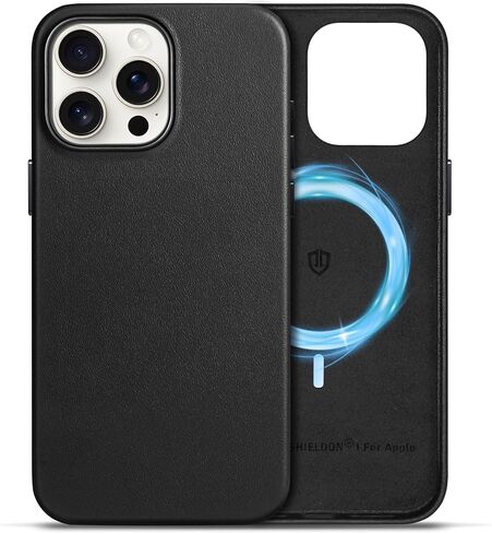 حافظة SHIELDON لهاتف iPhone 16 Pro Max 6.9 بوصة، مصنوعة من جلد طبيعي نحيف وشحن لاسلكي مغناطيسي ومضادة للانزلاق ومضادة للخدش وممتصة للصدمات مع زر معدني متوافق مع iPhone 16 Pro Max - أسود نابا in Kuwait