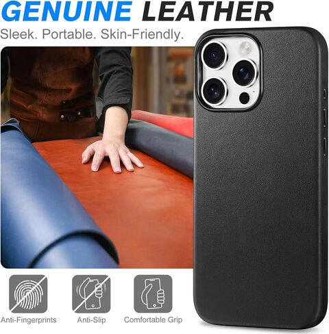 حافظة SHIELDON لهاتف iPhone 16 Pro Max 6.9 بوصة، مصنوعة من جلد طبيعي نحيف وشحن لاسلكي مغناطيسي ومضادة للانزلاق ومضادة للخدش وممتصة للصدمات مع زر معدني متوافق مع iPhone 16 Pro Max - أسود نابا in Kuwait