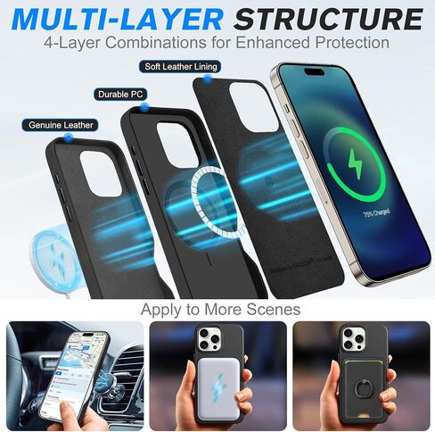 حافظة SHIELDON لهاتف iPhone 16 Pro Max 6.9 بوصة، مصنوعة من جلد طبيعي نحيف وشحن لاسلكي مغناطيسي ومضادة للانزلاق ومضادة للخدش وممتصة للصدمات مع زر معدني متوافق مع iPhone 16 Pro Max - أسود نابا in Kuwait