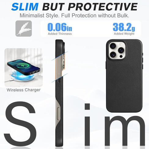 حافظة SHIELDON لهاتف iPhone 16 Pro Max 6.9 بوصة، مصنوعة من جلد طبيعي نحيف وشحن لاسلكي مغناطيسي ومضادة للانزلاق ومضادة للخدش وممتصة للصدمات مع زر معدني متوافق مع iPhone 16 Pro Max - أسود نابا in Kuwait
