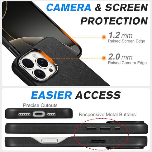 حافظة SHIELDON لهاتف iPhone 16 Pro Max 6.9 بوصة، مصنوعة من جلد طبيعي نحيف وشحن لاسلكي مغناطيسي ومضادة للانزلاق ومضادة للخدش وممتصة للصدمات مع زر معدني متوافق مع iPhone 16 Pro Max - أسود نابا in Kuwait