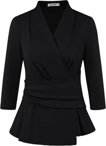 GRACE KARIN Business Casual Blouses for Women Elegant V Neck Blouse Stand Collared Slim Fit Shirt School Office Wine Red M in Saudi Arabia
