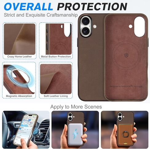 حافظة SHIELDON لهاتف iPhone 16 Pro Max 6.9 بوصة، مصنوعة من جلد طبيعي نحيف وشحن لاسلكي مغناطيسي ومضادة للانزلاق ومضادة للخدش وممتصة للصدمات مع زر معدني متوافق مع iPhone 16 Pro Max - أسود نابا in Kuwait