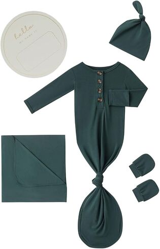 Newborn Baby Swaddle Blanket Set with Baby Knotted Gown, Mittens, Hat - Bamboo Viscose Receiving Blanket Bundle (Army Green) in Saudi Arabia