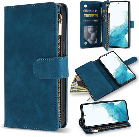 ZZXX for Samsung Galaxy S22 Case Wallet with Card Slot Premium Soft PU Leather Zipper Flip Folio Wallet with Wrist Strap Kickstand Protective for Samsung Galaxy S22 Wallet Case(Blue-6.1 Inch) in Saudi Arabia