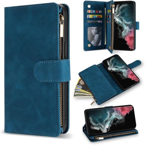 ZZXX for Samsung Galaxy S22 Case Wallet with Card Slot Premium Soft PU Leather Zipper Flip Folio Wallet with Wrist Strap Kickstand Protective for Samsung Galaxy S22 Wallet Case(Blue-6.1 Inch) in Saudi Arabia