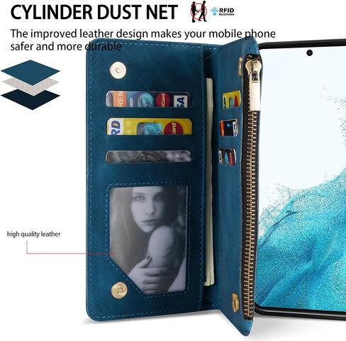 ZZXX for Samsung Galaxy S22 Case Wallet with Card Slot Premium Soft PU Leather Zipper Flip Folio Wallet with Wrist Strap Kickstand Protective for Samsung Galaxy S22 Wallet Case(Blue-6.1 Inch) in Saudi Arabia