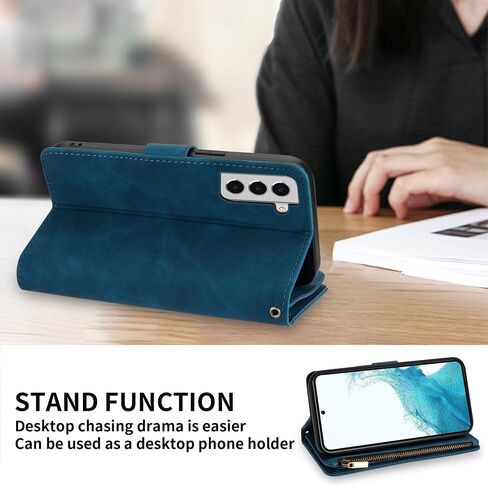 ZZXX for Samsung Galaxy S22 Case Wallet with Card Slot Premium Soft PU Leather Zipper Flip Folio Wallet with Wrist Strap Kickstand Protective for Samsung Galaxy S22 Wallet Case(Blue-6.1 Inch) in Saudi Arabia
