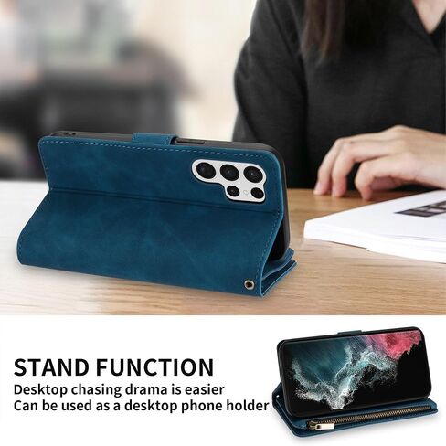 ZZXX for Samsung Galaxy S22 Case Wallet with Card Slot Premium Soft PU Leather Zipper Flip Folio Wallet with Wrist Strap Kickstand Protective for Samsung Galaxy S22 Wallet Case(Blue-6.1 Inch) in Saudi Arabia