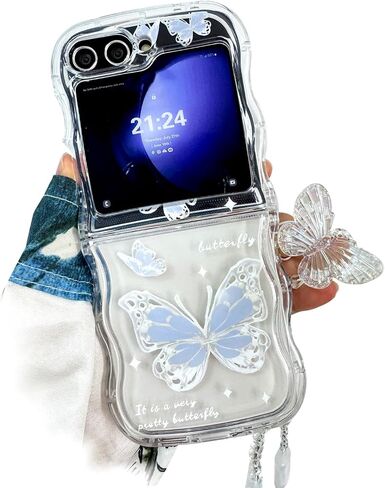 for Samsung Galaxy Z Flip 6 Cute Case with Lovely Strap and Curly Wave Frame, Aesthetic Woman Case for Galaxy Z Flip 6 Kawaii Design, Girly Protective Lanyard Case for Z Flip 6 -Blue in Saudi Arabia