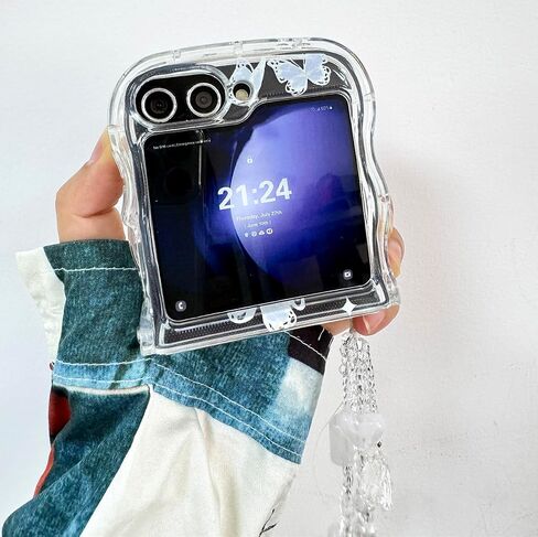 for Samsung Galaxy Z Flip 6 Cute Case with Lovely Strap and Curly Wave Frame, Aesthetic Woman Case for Galaxy Z Flip 6 Kawaii Design, Girly Protective Lanyard Case for Z Flip 6 -Blue in Saudi Arabia