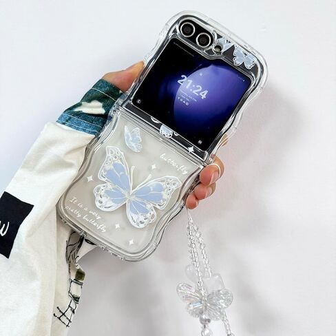 for Samsung Galaxy Z Flip 6 Cute Case with Lovely Strap and Curly Wave Frame, Aesthetic Woman Case for Galaxy Z Flip 6 Kawaii Design, Girly Protective Lanyard Case for Z Flip 6 -Blue in Saudi Arabia