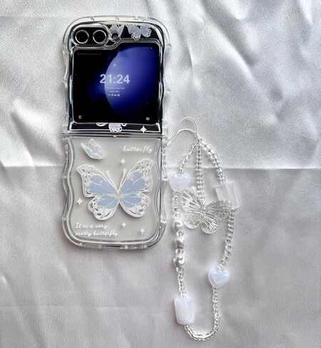 for Samsung Galaxy Z Flip 6 Cute Case with Lovely Strap and Curly Wave Frame, Aesthetic Woman Case for Galaxy Z Flip 6 Kawaii Design, Girly Protective Lanyard Case for Z Flip 6 -Blue in Saudi Arabia