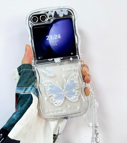 for Samsung Galaxy Z Flip 6 Cute Case with Lovely Strap and Curly Wave Frame, Aesthetic Woman Case for Galaxy Z Flip 6 Kawaii Design, Girly Protective Lanyard Case for Z Flip 6 -Blue in Saudi Arabia
