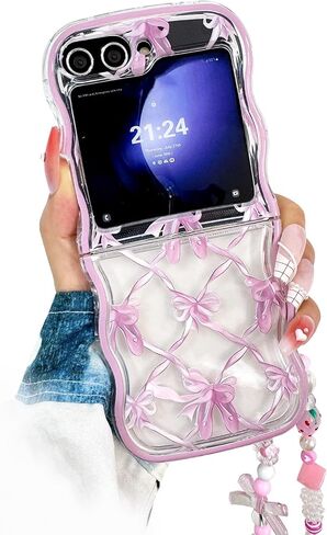 for Samsung Galaxy Z Flip 6 Cute Case with Lovely Strap and Curly Wave Frame, Aesthetic Woman Case for Galaxy Z Flip 6 Kawaii Design, Girly Protective Lanyard Case for Z Flip 6 -Blue in Saudi Arabia