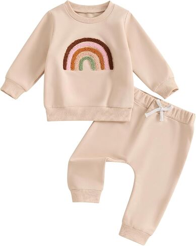 Toddler Baby Boy Girl Fall Winter Rainbow Clothes 2Pc Cute Warm Long Sleeve Sweatshirt Tops and Sweat Pants Set in Saudi Arabia