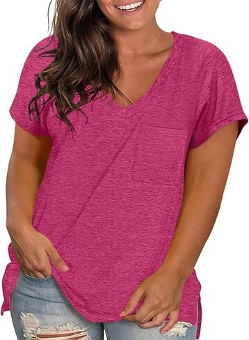 Womens Plus Size T Shirts V Neck Short Sleeve Side Split High Low Tops Casual Summer Loose Fit Tees with Pocket in Kuwait