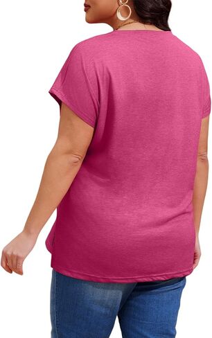 Womens Plus Size T Shirts V Neck Short Sleeve Side Split High Low Tops Casual Summer Loose Fit Tees with Pocket in Kuwait