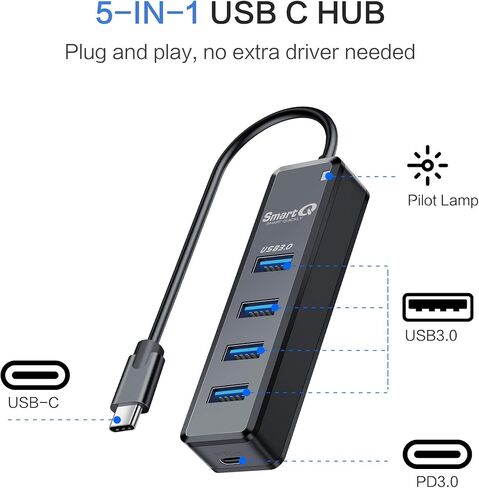 SmartQ USB C Hub 4 منافذ، USB C إلى USB Hub مع 4 USB 3.0، مقسم USB C يعمل بالطاقة لأجهزة الكمبيوتر المحمول، MacBook Pro، iMac، iPad Pro، Chromebook، Pixelbook، Galaxy S23، والمزيد من الأجهزة من النوع C in Kuwait