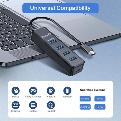 SmartQ USB C Hub 4 منافذ، USB C إلى USB Hub مع 4 USB 3.0، مقسم USB C يعمل بالطاقة لأجهزة الكمبيوتر المحمول، MacBook Pro، iMac، iPad Pro، Chromebook، Pixelbook، Galaxy S23، والمزيد من الأجهزة من النوع C in Kuwait