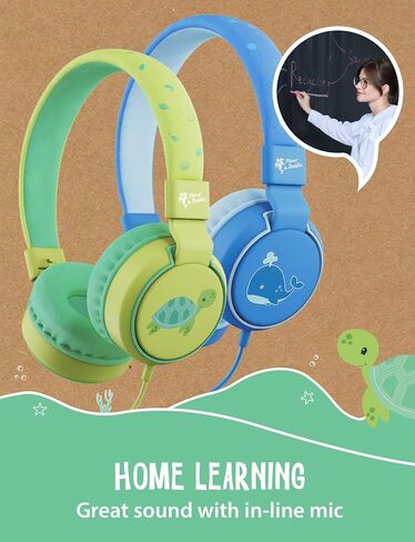 Planet Buddies Kids Headphones, On Ear Wired Headphones for Kids, 85db Volume Limiter, Safe Foldable Wired Earphones for Kids with Microphone, Kids Headset for School, Travel, Green Turtle in Saudi Arabia