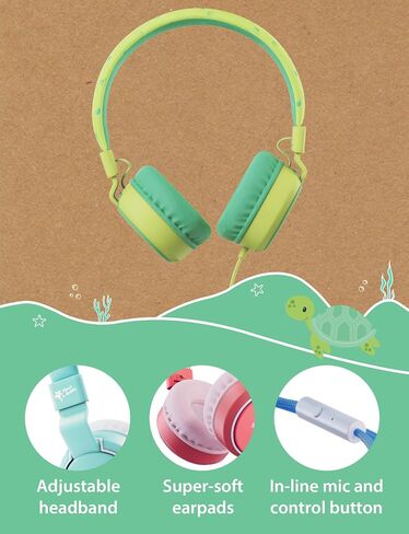 Planet Buddies Kids Headphones, On Ear Wired Headphones for Kids, 85db Volume Limiter, Safe Foldable Wired Earphones for Kids with Microphone, Kids Headset for School, Travel, Green Turtle in Saudi Arabia
