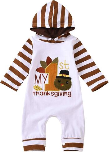 طقم ملابس رومبير بقلنسوة لحديثي الولادة لعيد الشكر من My First Thanksgiving بأكمام مخططة ومجموعة ملابس للرضع (3-6M) in Saudi Arabia