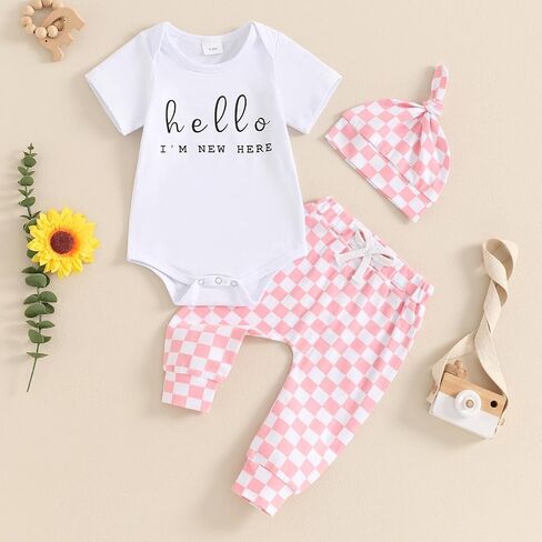 Canrulo Newborn Baby Girl Boy Outfit Hello I'm New Here Short Sleeve Romper Checkerboard Pants Hat Infant Summer Clothes in Saudi Arabia