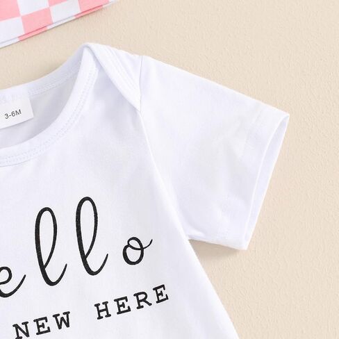 Canrulo Newborn Baby Girl Boy Outfit Hello I'm New Here Short Sleeve Romper Checkerboard Pants Hat Infant Summer Clothes in Saudi Arabia