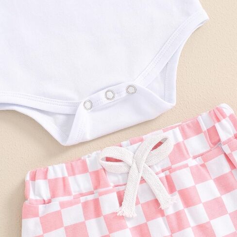 Canrulo Newborn Baby Girl Boy Outfit Hello I'm New Here Short Sleeve Romper Checkerboard Pants Hat Infant Summer Clothes in Saudi Arabia