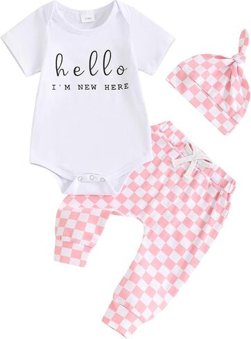Canrulo Newborn Baby Girl Boy Outfit Hello I'm New Here Short Sleeve Romper Checkerboard Pants Hat Infant Summer Clothes in Saudi Arabia