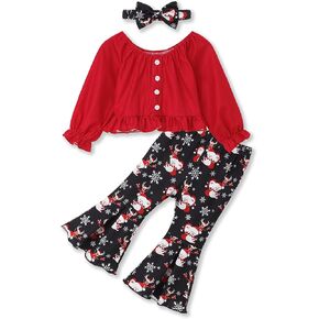Toddler Girl Christmas Outfits Long Sleeve Ruffle Top Santa Print Baby Girl Bell-Bottom Pants Christmas Outfit Girl in Kuwait
