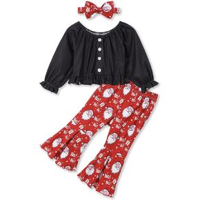 Toddler Girl Christmas Outfits Long Sleeve Ruffle Top Santa Print Baby Girl Bell-Bottom Pants Christmas Outfit Girl