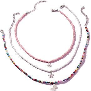 2-3Pcs Bohemian Rainbow Butterfly Star Shell Beaded Choker Necklace for Women Teen Girl Layered Colorful Boho Stacking Pentagram Seeds Chain Necklace Retro Summer Beach Jewelry