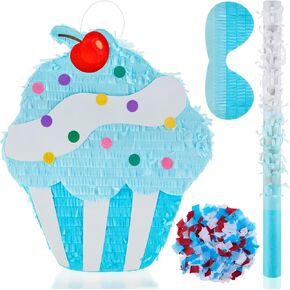 15.7 Inch Cupcake Pinata for Birthday Party Supplies, with Stick, Blindfold and Confetti for Kids Girls Baby Shower Candy Donut Ice Cream Pinata Party Supplies Hawaii Party Decoration Prop (Cute)