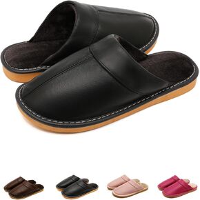Slippers for Women Men, Genuine Leather Slippers, Fuzzy Bedroom House Slippers for Women Men, Plush Lining Womens Slippers Slip-on