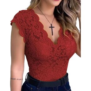 xxxiticat Women's Lace Tank Top Sleeveless V-Neck Floral Casual Scalloped Trim See Through Sheer Tunic Blouse Tee Shirt