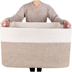 MINTWOOD Design 22in Extra Large Blanket Basket Holder Living Room, Towel Shoe Basket, Laundry Basket, Rectangle Rope Woven Storage Baskets with Handles, Dog Toy Basket Organizer Bin Box, Creamy White
