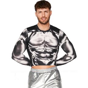 WDIRARA Men's 3D Body Print Crop T Shirt Round Neck Long Sleeve Muscle T Shirt Fashion Party Club Tee Tops