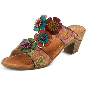 Spring Step L'Artiste Women's SUMMERFUN Hand-Painted Sandals - Leather Wrapped Heel, Asymmetrical Flower Design