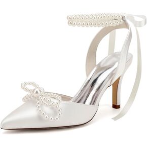 Women's Closed Toe Pearl Heels with Bow Wedding Shoes for Bride High Heels Bridal Shoes Slingback Satin Heels Pumps
