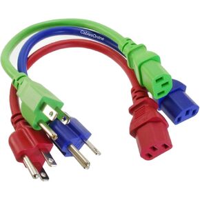 CablesOnline 3-Pack 1ft Short 3-Conductor, 18AWG, NEMA 5-15P to IEC C13 Power Cable, Three Colors, Red, Green, Blue, PC-301MC